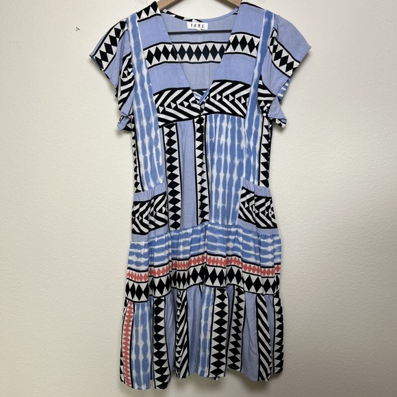 THML Dresses & Skirts - THML Women Mini Dress XS Blue Southwestern Western Aztec Tiered V-Neck Summer